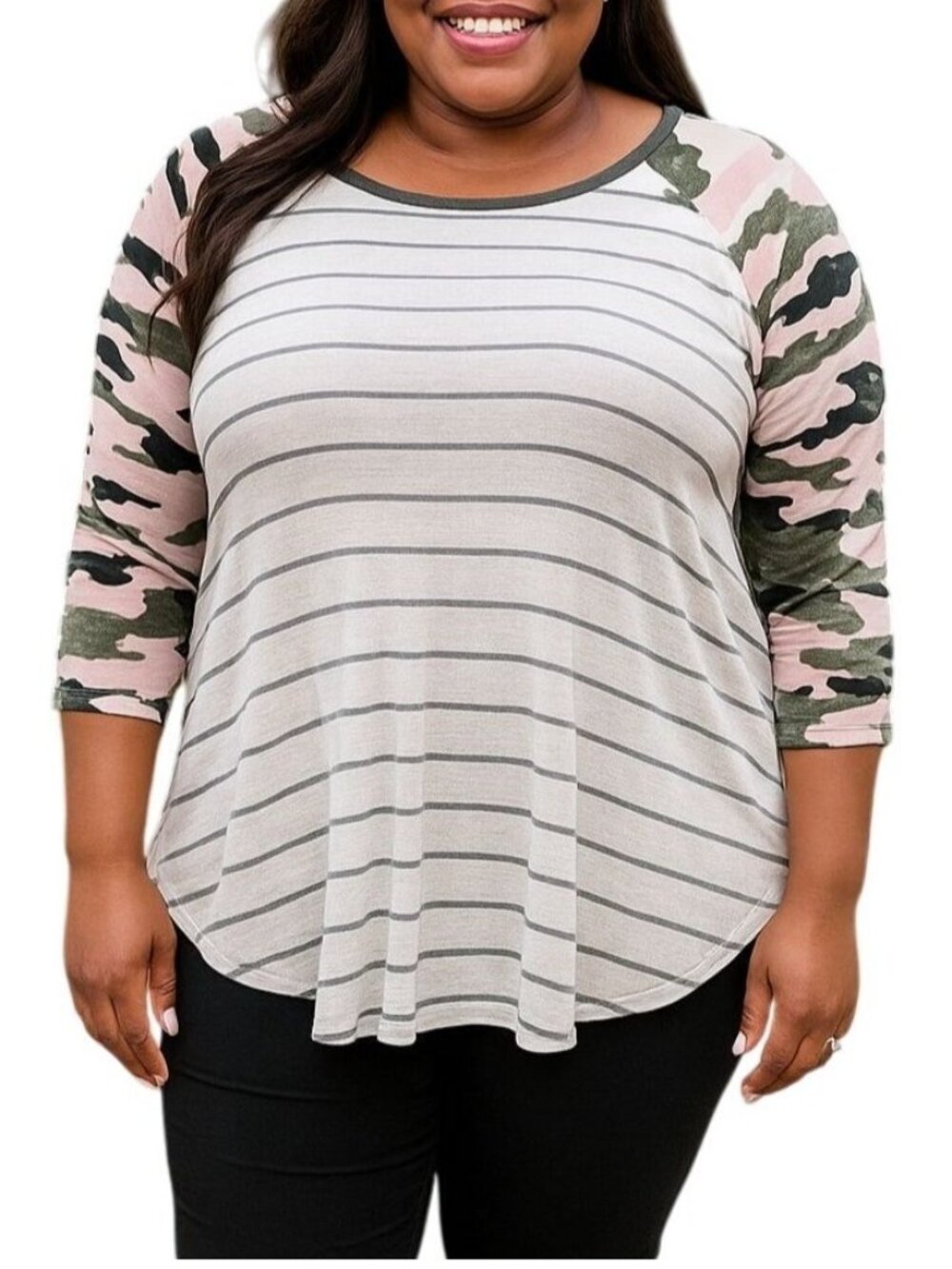 Maurices 24/7 Womens XXL Striped Top With Camo Raglan Sleeves Lightweight